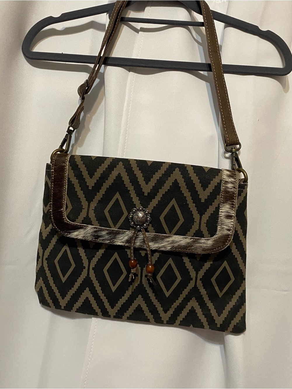 Myra Gingerbread Western Crossbody Bag Calf Hair Leather Canvas 12.5x8.5-inches